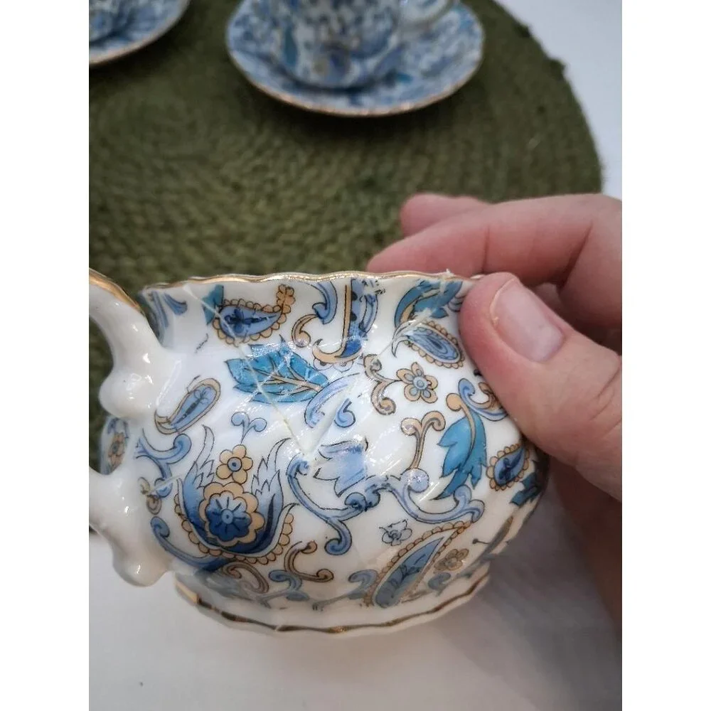 Vintage Lefton China Hand Painted Blue &Gold Floral Tea Set W/Sugar Bowl Cre